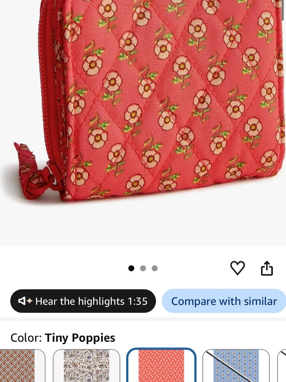 Vera Bradley Women's Premium Cotton Small Zip-Around Wallet — Tiny Poppies